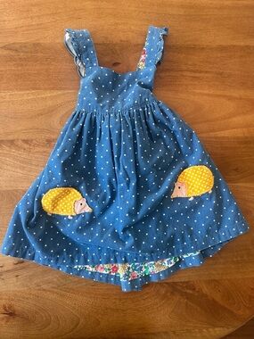 Mini Boden Blue Polka Dot Hedgehog Pinafore Dress with Yellow Appliqués
